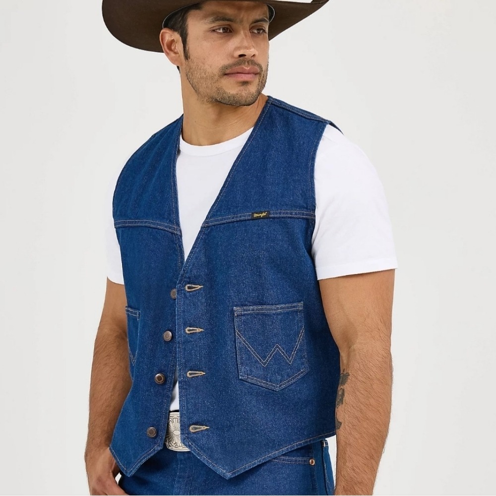 Wrangler Authentic Western Jacket Mens‎ Blue Denim Vest Dark Wash Sz XL Cowboy